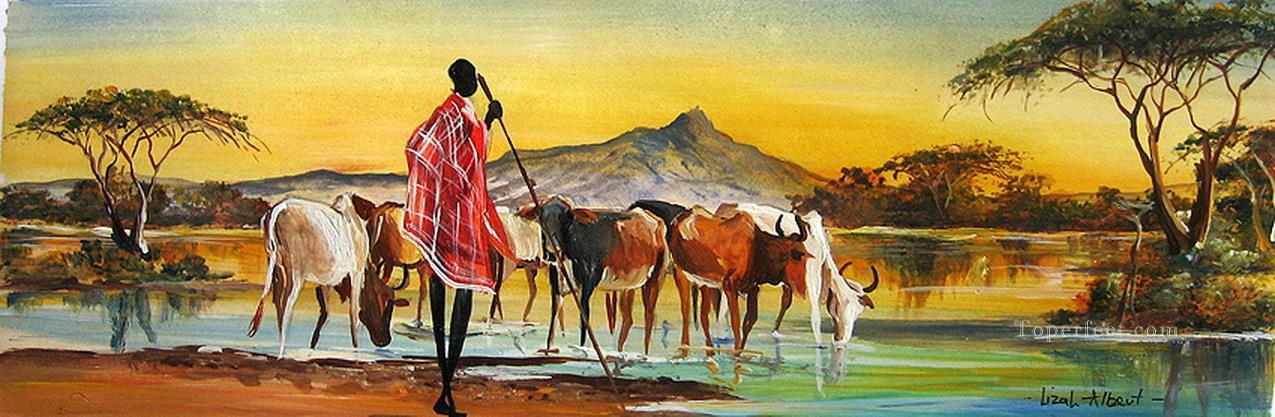 Puesta de sol sobre rebaño de África Pintura al óleo